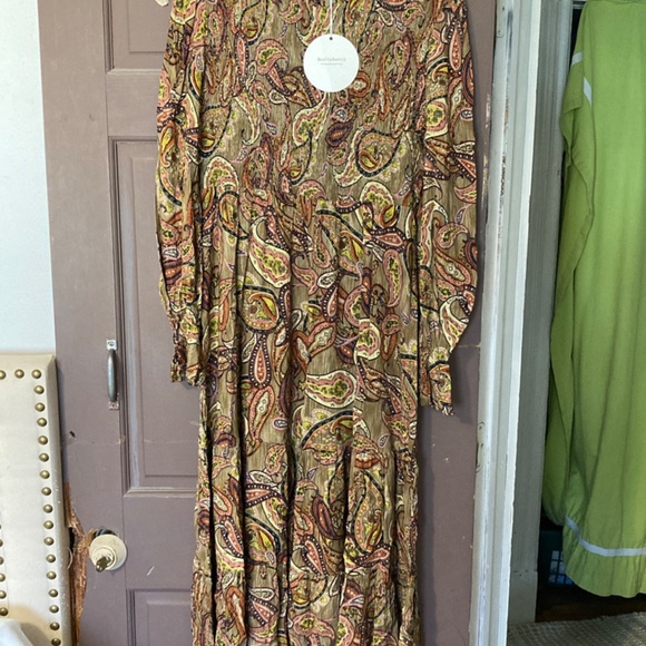 NWT Green/Brown Paisley print RusttyDustty Maxi Long sleeve Dress sz XL 12 - Picture 4 of 10